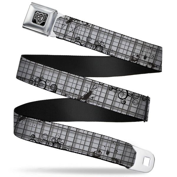 Buckle-Down BD Wings Logo CLOSE-UP Full Color Black Silver Seatbelt Belt - Plaid Curls Gray Webbing