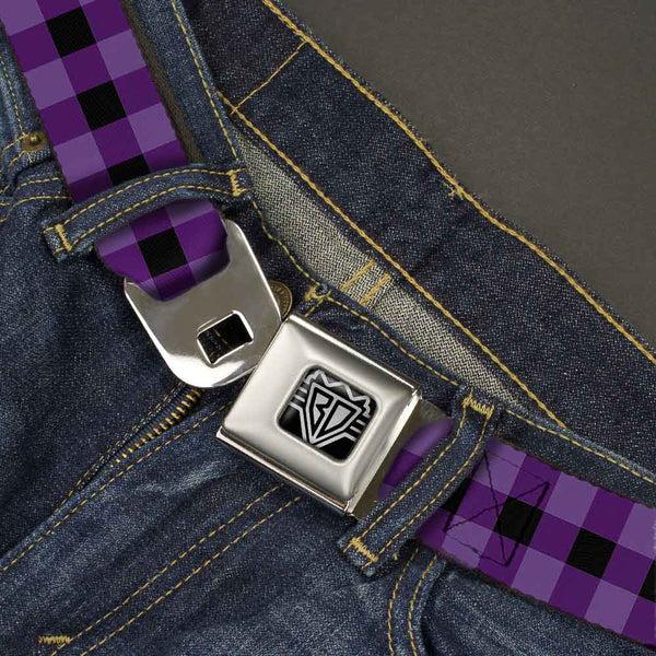 Buckle-Down BD Wings Logo CLOSE-UP Full Color Black Silver Seatbelt Belt - Buffalo Plaid Black/Purple Webbing