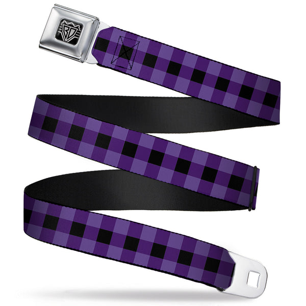 Buckle-Down BD Wings Logo CLOSE-UP Full Color Black Silver Seatbelt Belt - Buffalo Plaid Black/Purple Webbing