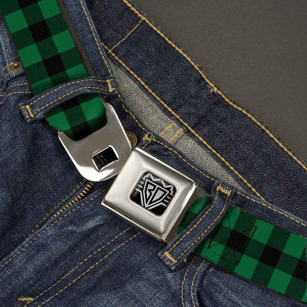 Buckle-Down BD Wings Logo CLOSE-UP Full Color Black Silver Seatbelt Belt - Buffalo Plaid Black/Green Webbing