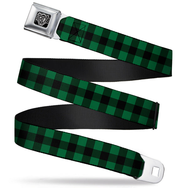 Buckle-Down BD Wings Logo CLOSE-UP Full Color Black Silver Seatbelt Belt - Buffalo Plaid Black/Green Webbing