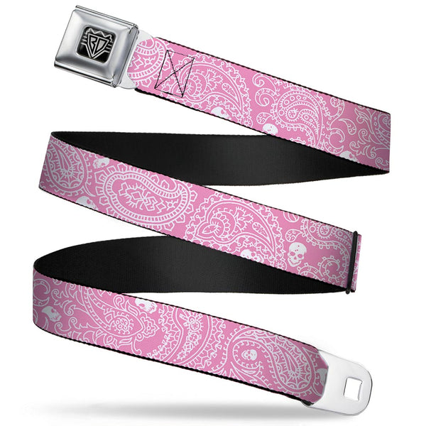 Buckle-Down BD Wings Logo CLOSE-UP Full Color Black Silver Seatbelt Belt - Bandana/Skulls Pink/White Webbing