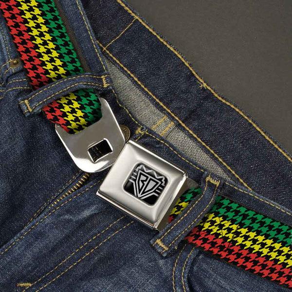 Buckle-Down BD Wings Logo CLOSE-UP Full Color Black Silver Seatbelt Belt - Houndstooth Black/Rasta Webbing