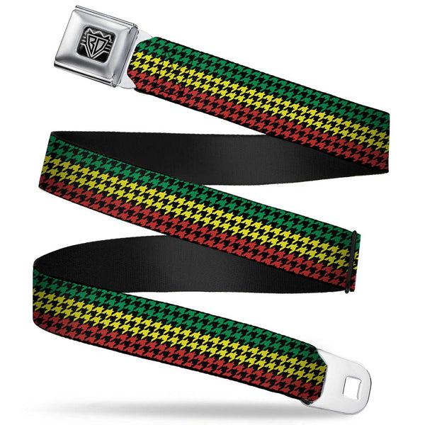 Buckle-Down BD Wings Logo CLOSE-UP Full Color Black Silver Seatbelt Belt - Houndstooth Black/Rasta Webbing