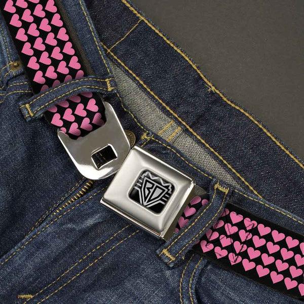 Buckle-Down BD Wings Logo CLOSE-UP Full Color Black Silver Seatbelt Belt - Mini Hearts Black/Pink Webbing