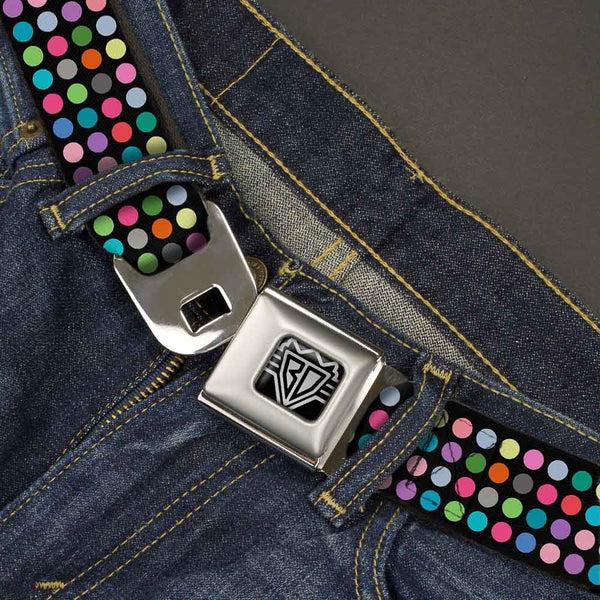 Buckle-Down BD Wings Logo CLOSE-UP Full Color Black Silver Seatbelt Belt - Mini Polka Dots Black/Multi Color Webbing
