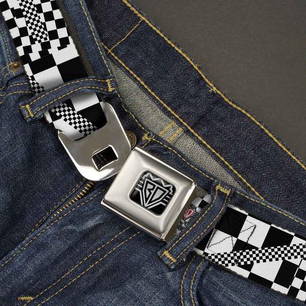 Buckle-Down BD Wings Logo CLOSE-UP Full Color Black Silver Seatbelt Belt - Funky Checkers Black/White Webbing