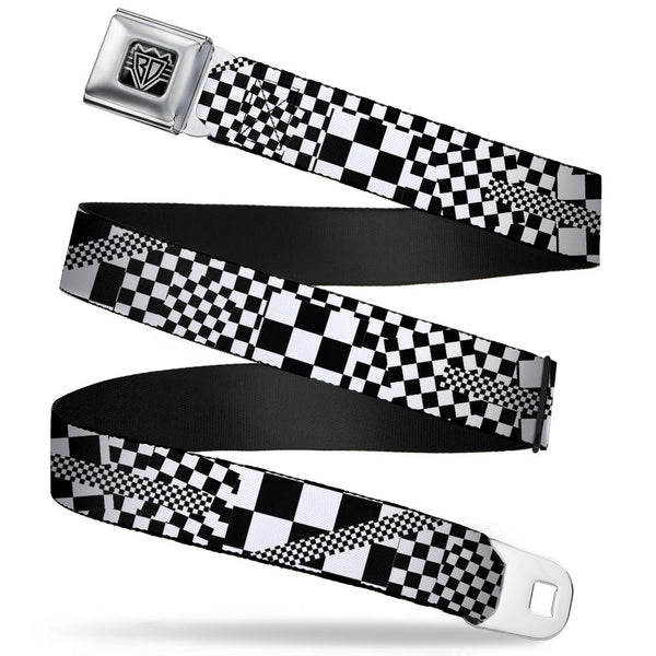 Buckle-Down BD Wings Logo CLOSE-UP Full Color Black Silver Seatbelt Belt - Funky Checkers Black/White Webbing
