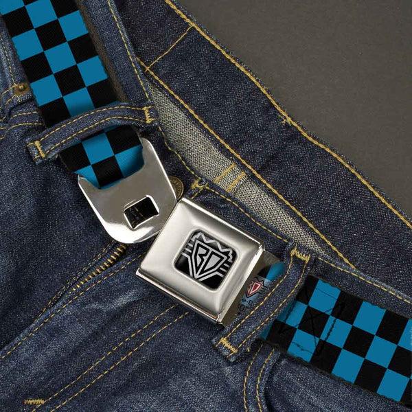 Buckle-Down BD Wings Logo CLOSE-UP Full Color Black Silver Seatbelt Belt - Checker Black/Turquoise Webbing