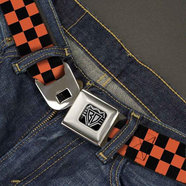 Buckle-Down BD Wings Logo CLOSE-UP Full Color Black Silver Seatbelt Belt - Checker Black/Orange Webbing