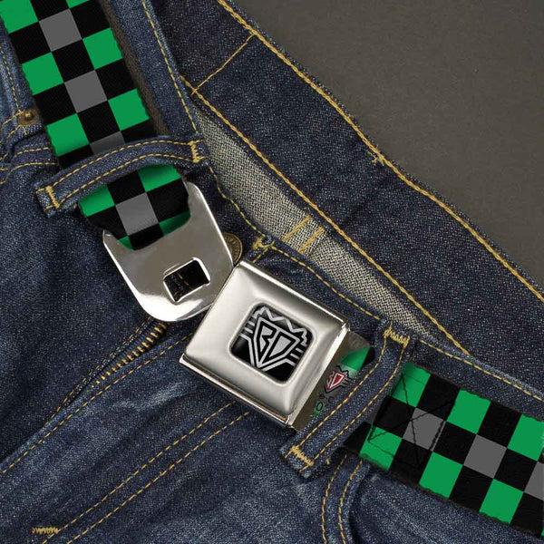 Buckle-Down BD Wings Logo CLOSE-UP Full Color Black Silver Seatbelt Belt - Checker Black/Gray/2 Green Webbing