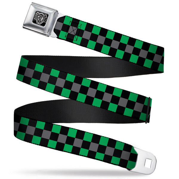 Buckle-Down BD Wings Logo CLOSE-UP Full Color Black Silver Seatbelt Belt - Checker Black/Gray/2 Green Webbing