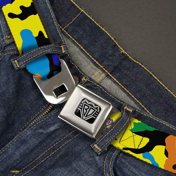 Buckle-Down BD Wings Logo CLOSE-UP Full Color Black Silver Seatbelt Belt - Camo Multi Neon Webbing