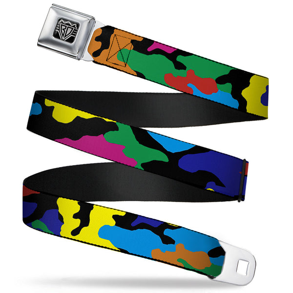 Buckle-Down BD Wings Logo CLOSE-UP Full Color Black Silver Seatbelt Belt - Camo Multi Neon Webbing