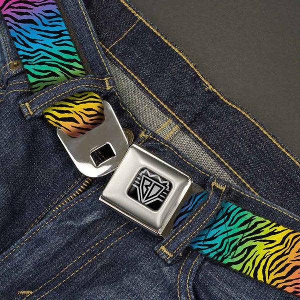 Buckle-Down BD Wings Logo CLOSE-UP Full Color Black Silver Seatbelt Belt - Zebra Rainbow Ombre Webbing