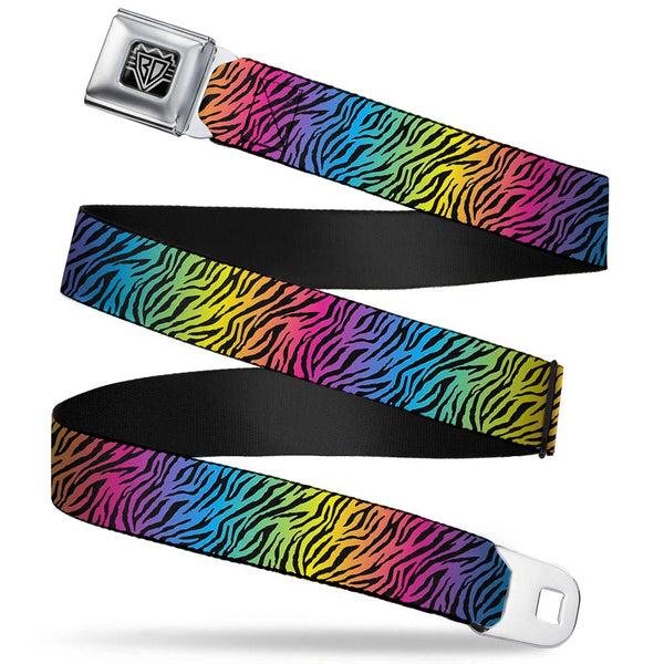 Buckle-Down BD Wings Logo CLOSE-UP Full Color Black Silver Seatbelt Belt - Zebra Rainbow Ombre Webbing
