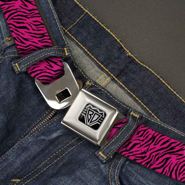 Buckle-Down BD Wings Logo CLOSE-UP Full Color Black Silver Seatbelt Belt - Zebra 2 Fuchsia Pink Webbing