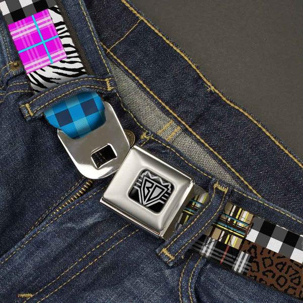 Buckle-Down BD Wings Logo CLOSE-UP Full Color Black Silver Seatbelt Belt - Plaid & Animal Skins Webbing