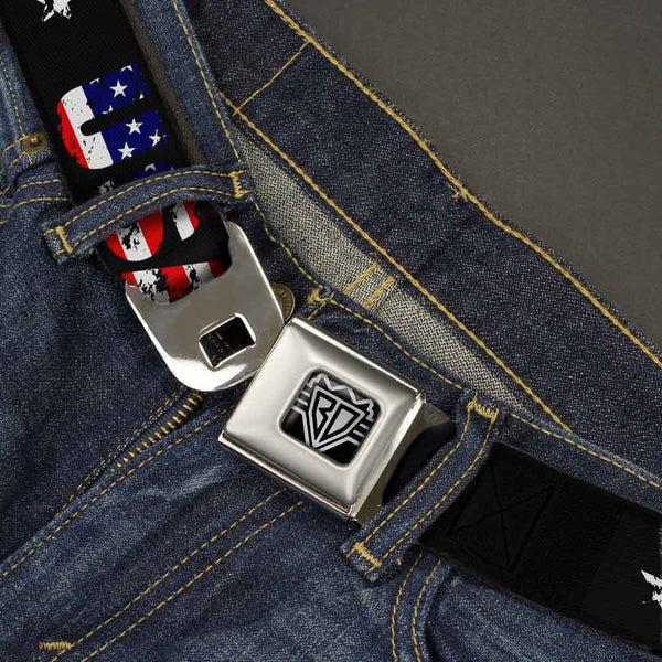 Buckle-Down BD Wings Logo CLOSE-UP Full Color Black Silver Seatbelt Belt - USA W/Star Black/US Flags Webbing