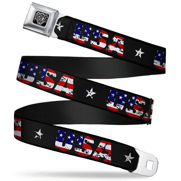 Buckle-Down BD Wings Logo CLOSE-UP Full Color Black Silver Seatbelt Belt - USA w/Star Black/US Flags Webbing