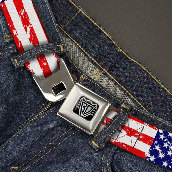 Buckle-Down BD Wings Logo CLOSE-UP Full Color Black Silver Seatbelt Belt - United States Flags CLOSE-UP Weathered Webbing