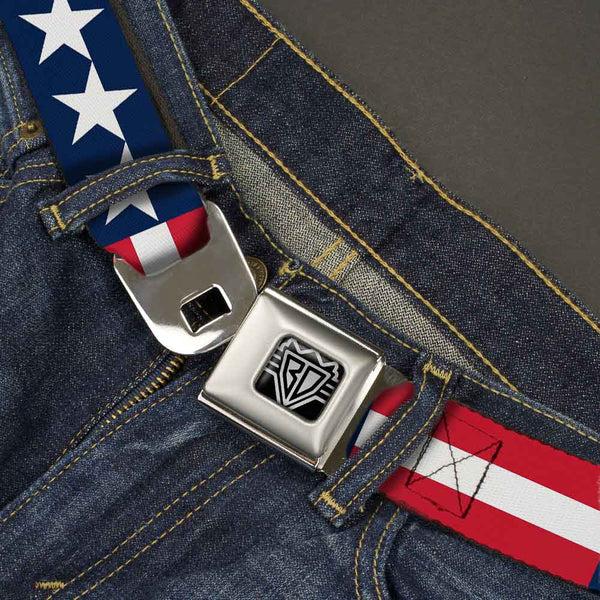 Buckle-Down BD Wings Logo CLOSE-UP Full Color Black Silver Seatbelt Belt - Stars & Stripes Blue/White/Red/White Webbing