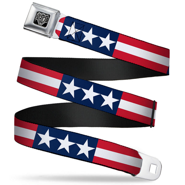 Buckle-Down BD Wings Logo CLOSE-UP Full Color Black Silver Seatbelt Belt - Stars & Stripes Blue/White/Red/White Webbing
