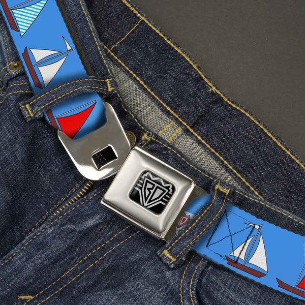 Buckle-Down BD Wings Logo CLOSE-UP Full Color Black Silver Seatbelt Belt - Sailboats Blue Webbing