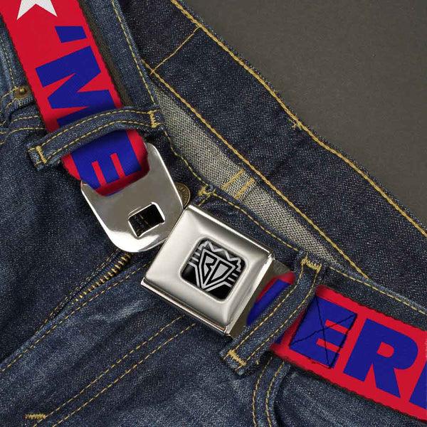 Buckle-Down BD Wings Logo CLOSE-UP Full Color Black Silver Seatbelt Belt - 'MERICA/Star Red/Blue/White Webbing