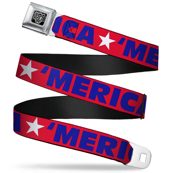 Buckle-Down BD Wings Logo CLOSE-UP Full Color Black Silver Seatbelt Belt - 'MERICA/Star Red/Blue/White Webbing
