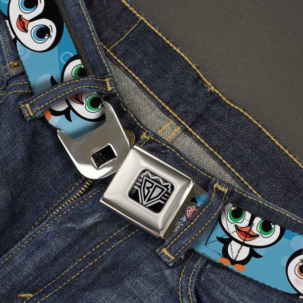 Buckle-Down BD Wings Logo CLOSE-UP Full Color Black Silver Seatbelt Belt - Cute Penguins Blue Bubbles Webbing