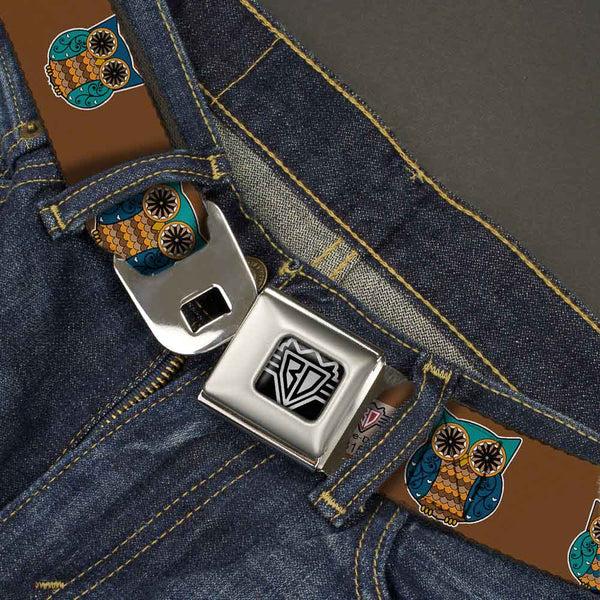 Buckle-Down BD Wings Logo CLOSE-UP Full Color Black Silver Seatbelt Belt - Owls Brown/Pastel Webbing