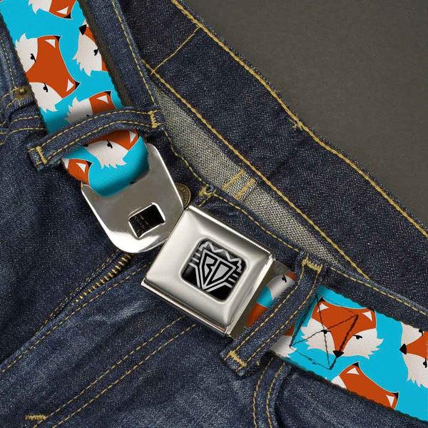Buckle-Down BD Wings Logo CLOSE-UP Full Color Black Silver Seatbelt Belt - Fox Face Scattered Sky Blue Webbing