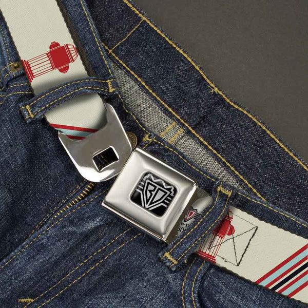 Buckle-Down BD Wings Logo CLOSE-UP Full Color Black Silver Seatbelt Belt - Fire Hydrants/Stripes Tan/Blues/Reds Webbing