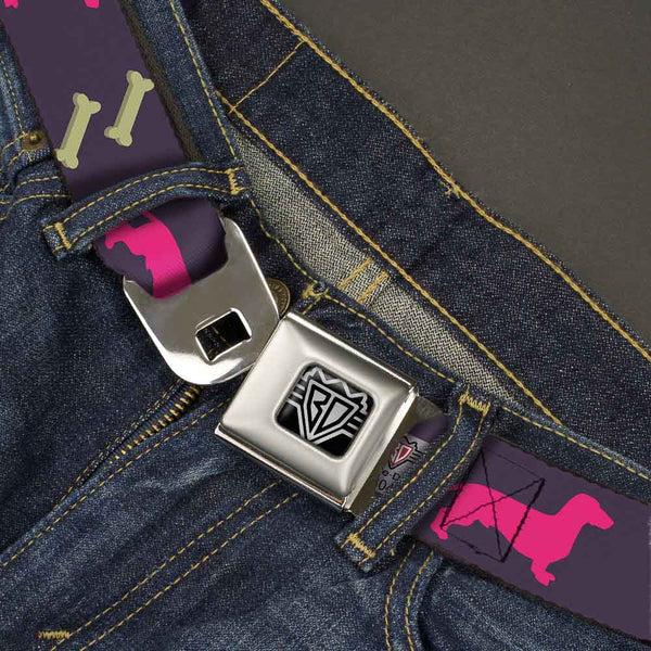 Buckle-Down BD Wings Logo CLOSE-UP Full Color Black Silver Seatbelt Belt - Dachshunds & Bones Purple/Fuchsia/Green Webbing