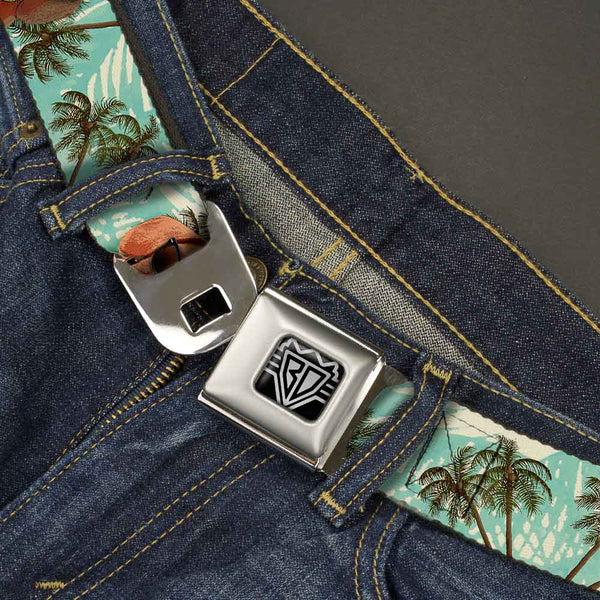 Buckle-Down BD Wings Logo CLOSE-UP Full Color Black Silver Seatbelt Belt - Dachshund In Shades W/Palm Trees Webbing