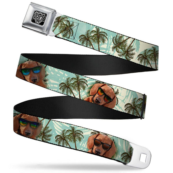 Buckle-Down BD Wings Logo CLOSE-UP Full Color Black Silver Seatbelt Belt - Dachshund in Shades w/Palm Trees Webbing
