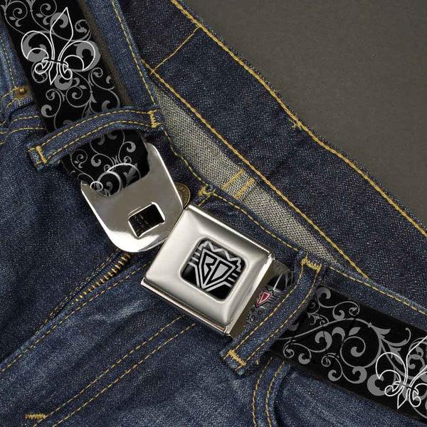 Buckle-Down BD Wings Logo CLOSE-UP Full Color Black Silver Seatbelt Belt - Fleur-de-Lis Outline W/Filigree Black/Gray Webbing