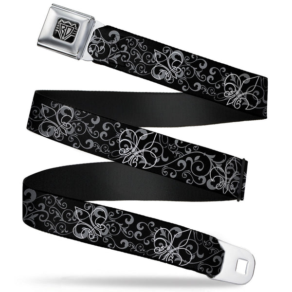 Buckle-Down BD Wings Logo CLOSE-UP Full Color Black Silver Seatbelt Belt - Fleur-de-Lis Outline w/Filigree Black/Gray Webbing