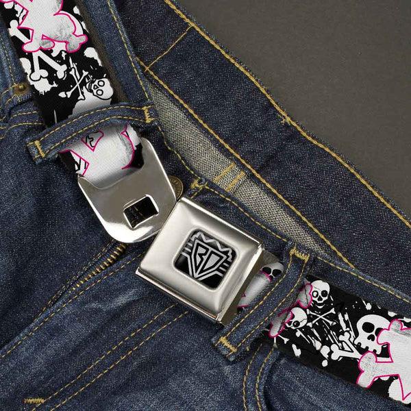 Buckle-Down BD Wings Logo CLOSE-UP Full Color Black Silver Seatbelt Belt - Heart & Cross Bones W/Skulls & Splatter Black/White Webbing