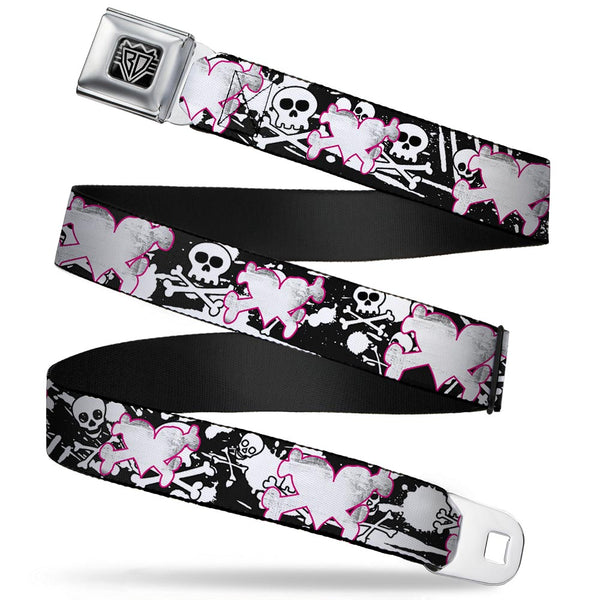 Buckle-Down BD Wings Logo CLOSE-UP Full Color Black Silver Seatbelt Belt - Heart & Cross Bones w/Skulls & Splatter Black/White Webbing