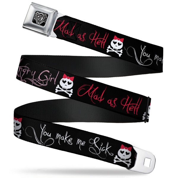 Buckle-Down BD Wings Logo CLOSE-UP Full Color Black Silver Seatbelt Belt - Angry Girl/Mad As Hell/You Make Me Sick Webbing