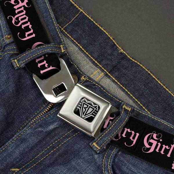 Buckle-Down BD Wings Logo CLOSE-UP Full Color Black Silver Seatbelt Belt - Angry Girl Black/Pink Webbing