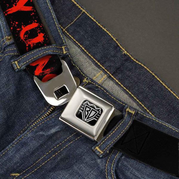 Buckle-Down BD Wings Logo CLOSE-UP Full Color Black Silver Seatbelt Belt - Zombies Y U NO DIE Black/White/Red Webbing