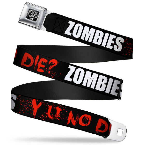 Buckle-Down BD Wings Logo CLOSE-UP Full Color Black Silver Seatbelt Belt - Zombies Y U NO DIE Black/White/Red Webbing