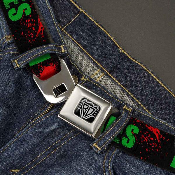 Buckle-Down BD Wings Logo CLOSE-UP Full Color Black Silver Seatbelt Belt - I "HEART" ZOMBIES Black/Green/Red Splatter Webbing