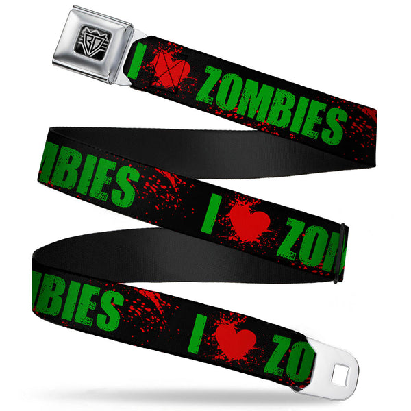 Buckle-Down BD Wings Logo CLOSE-UP Full Color Black Silver Seatbelt Belt - I "HEART" ZOMBIES Black/Green/Red Splatter Webbing