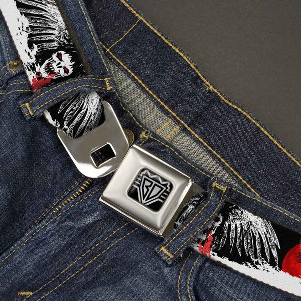 Buckle-Down BD Wings Logo CLOSE-UP Full Color Black Silver Seatbelt Belt - Fright Night Black/White/Red Webbing