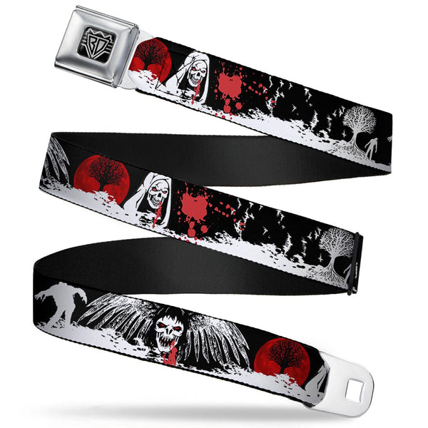 Buckle-Down BD Wings Logo CLOSE-UP Full Color Black Silver Seatbelt Belt - Fright Night Black/White/Red Webbing