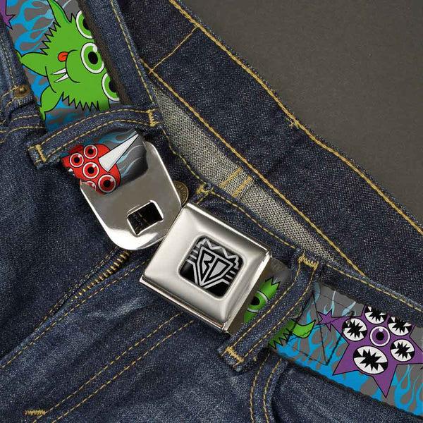 Buckle-Down BD Wings Logo CLOSE-UP Full Color Black Silver Seatbelt Belt - Cute Monsters Gray/Flame Blue Webbing